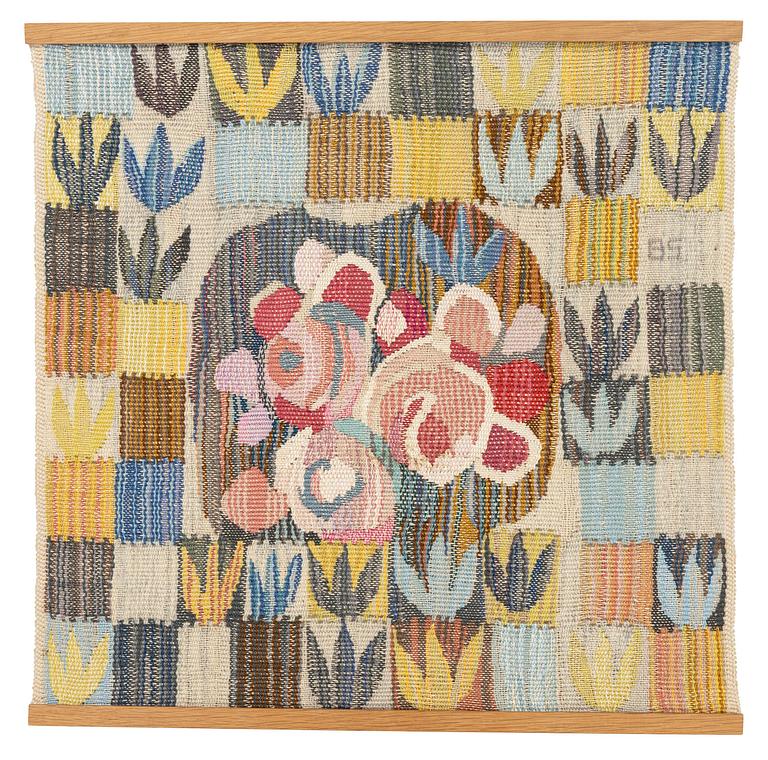 Barbro Sprinchorn, a textile, 'Buketten', tapestry weave, c 49.5 x 50.5 cm, signed BS.