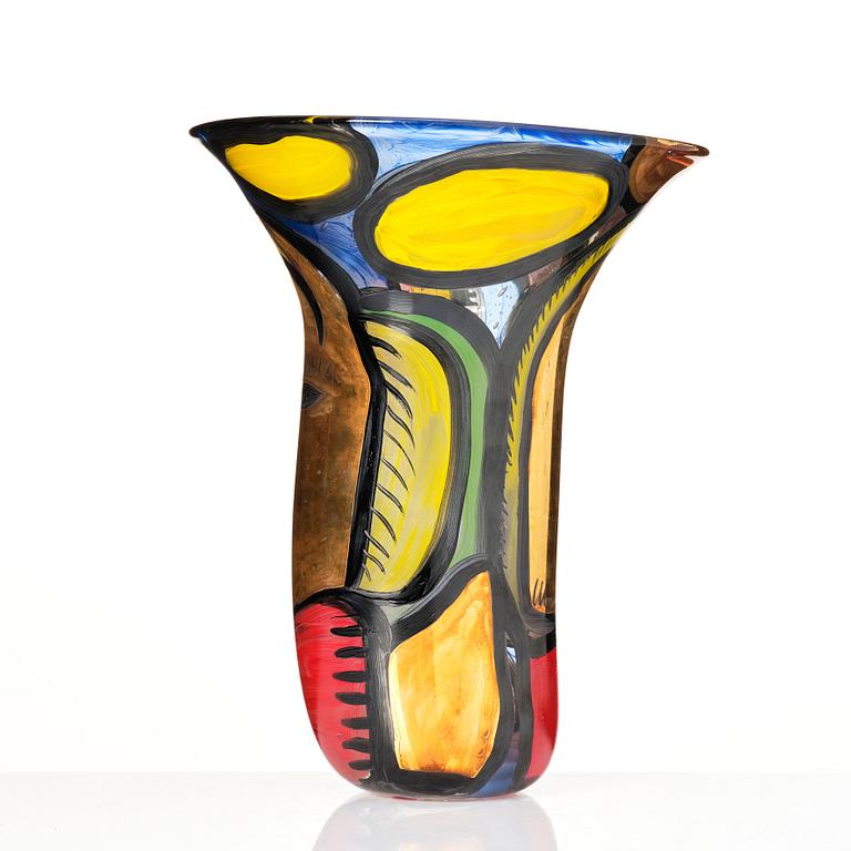 Ulrica Hydman-Vallien, a unique enamel painted glass vase, Kosta Boda, Sweden.