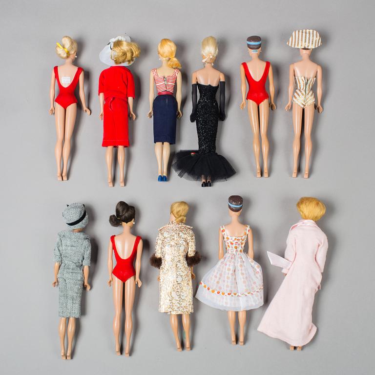 A lot of eleven Barbie dolls, Mattel, 1960s.