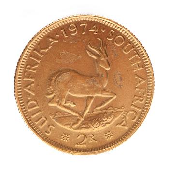 GULDMYNT, finguld, Krugerrand, Sydafrika, 1974. Vikt ca 8 g.