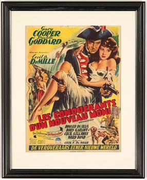 A vintage movie poster, Gary Cooper, 'Les Conquerants d'un Nouveau Monde', Belgium, 1940's/50's.