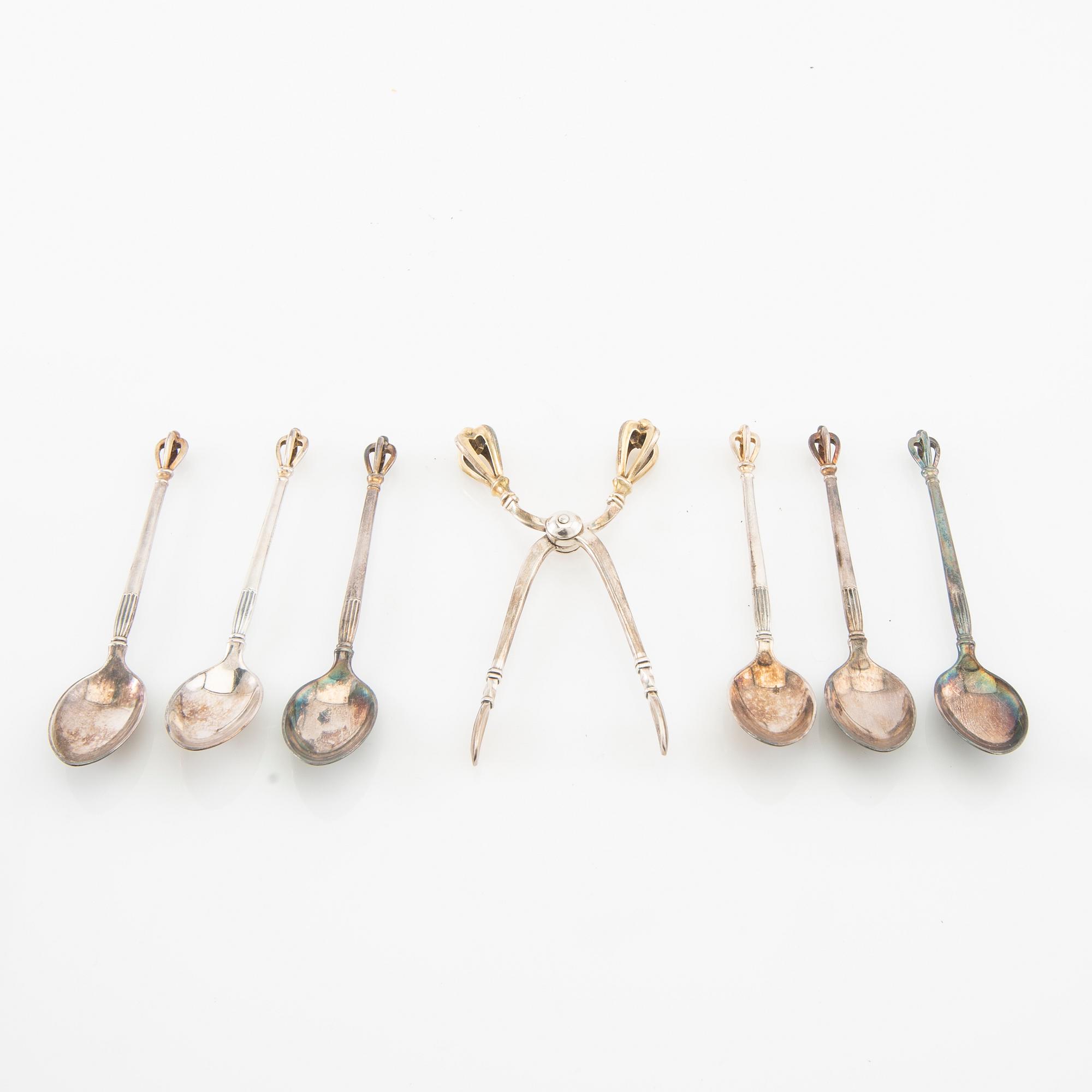 W&S Sorensen spoons 6 pcs and sugar tongs "Crown" sterling silver Denmark mid/second half of the 20th century.