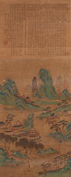 A Chinese scroll painting, ink and colour on paper, Qing dynasty after Wen Zhenming.