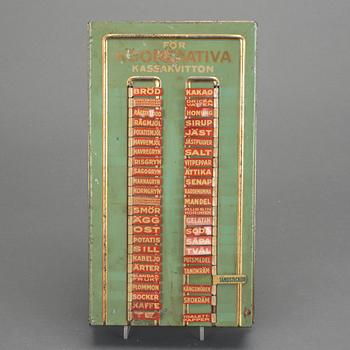 INKÖPSTAVLA TILL HUSHÅLLET, plåt, 1930/40-tal.