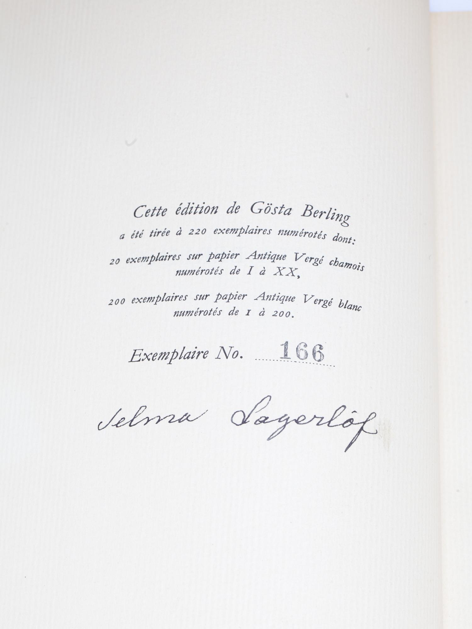 BÖCKER, 2 volymer.  "Gösta Berling", par Selma Lagerlöf. Exemplaire No. 166. Libairie Fritze, 1937 Stockholm.