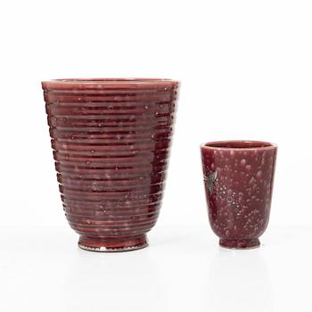 Wilhelm Kåge, two red 'Argenta' vases, stoneware, Gustavsberg, Sweden.