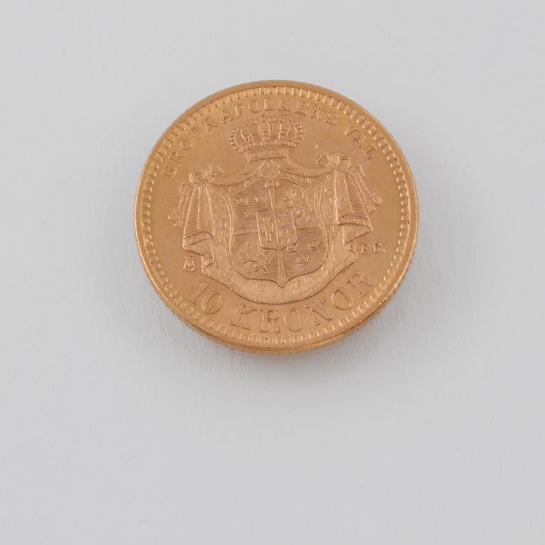 GULDMYNT, 10 kr, Oscar II, 1901. Vikt 4,5 g.