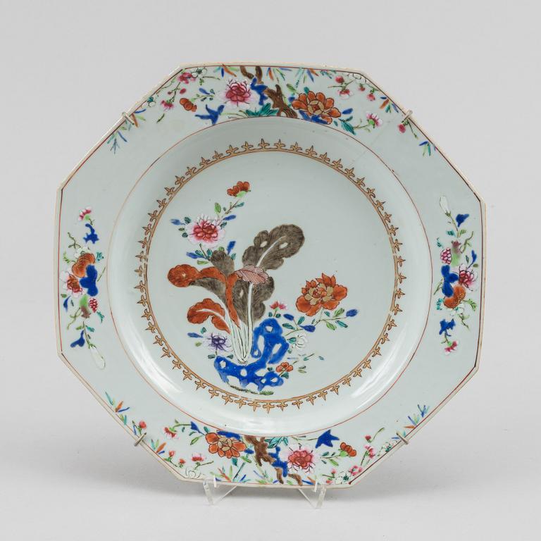 A famille rose dish and two plates, Qing dynasty, Qianlong (1736-95).