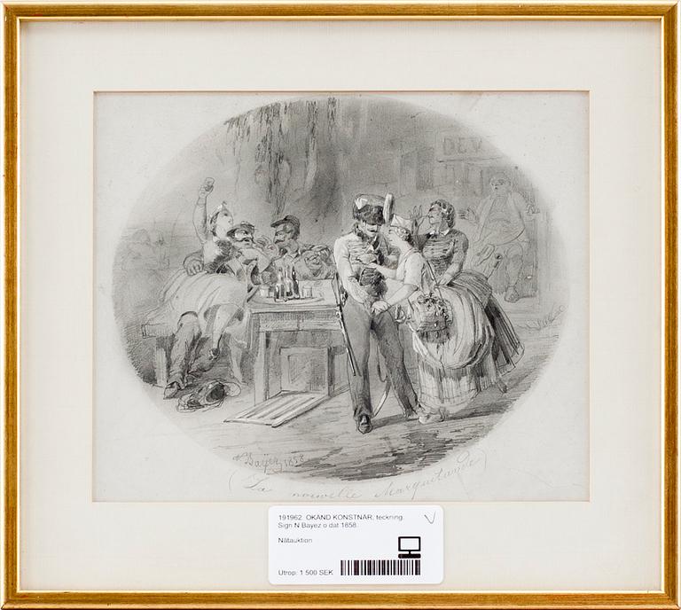 OKÄND KONSTNÄR, teckning. Sign N Bayez o dat 1858.