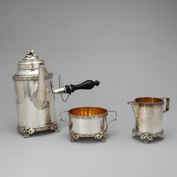 KAFFESERVISDELAR, 3 st, nysilver, A.G. Dufva. Tidigt 1900-tal.