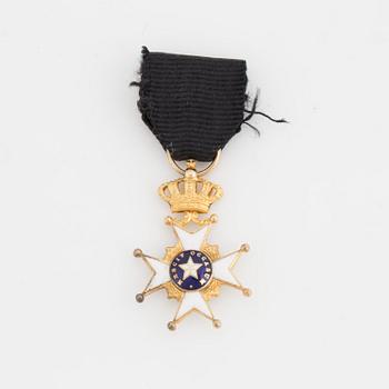 A gilded metal Miniature of the The Royal Swedish Order of the Polar Star with black ribbon.