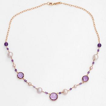 An 18K rose gold necklace, with amethysts and cultured pearls. Italy.
