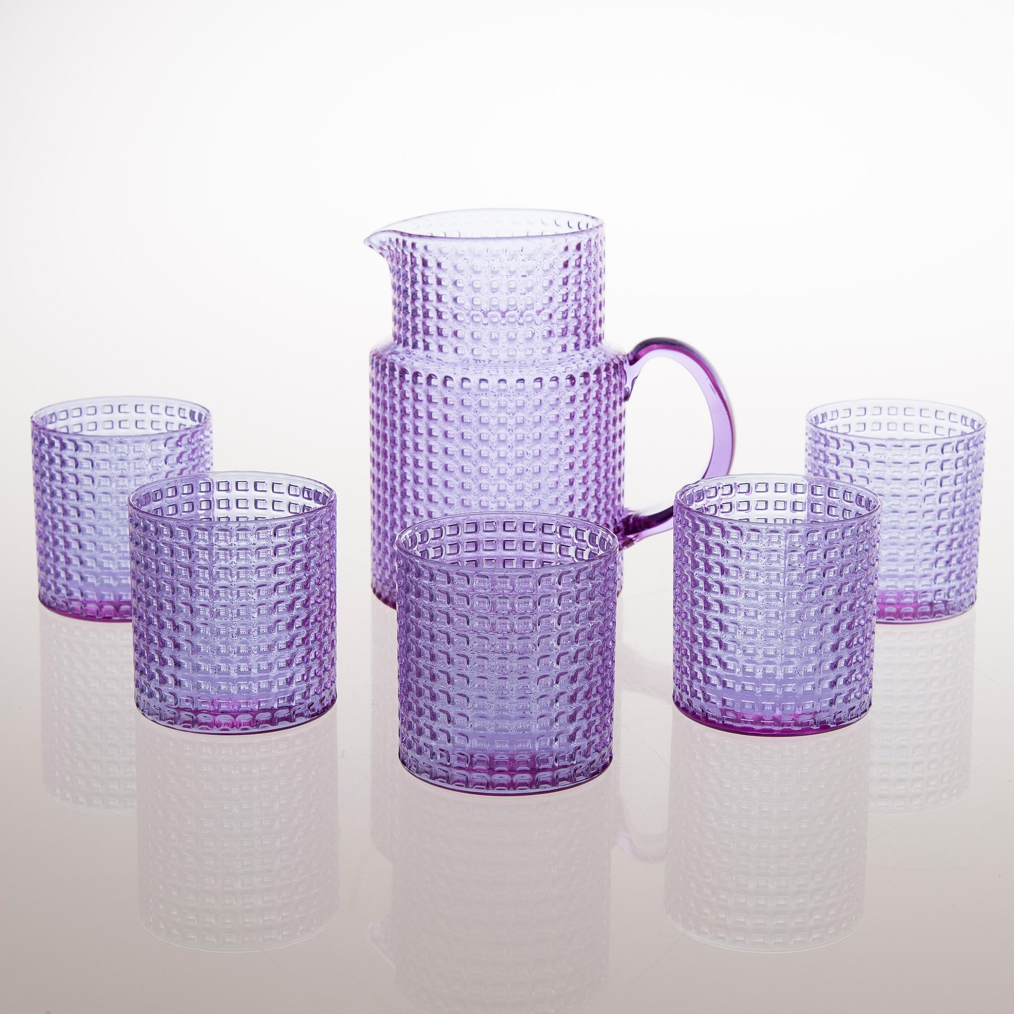 KAJ FRANCK, A 'Ruuturitari' glass pitcher and a set of five drinking glasses, Nuutajärvi 1960s-1970s.