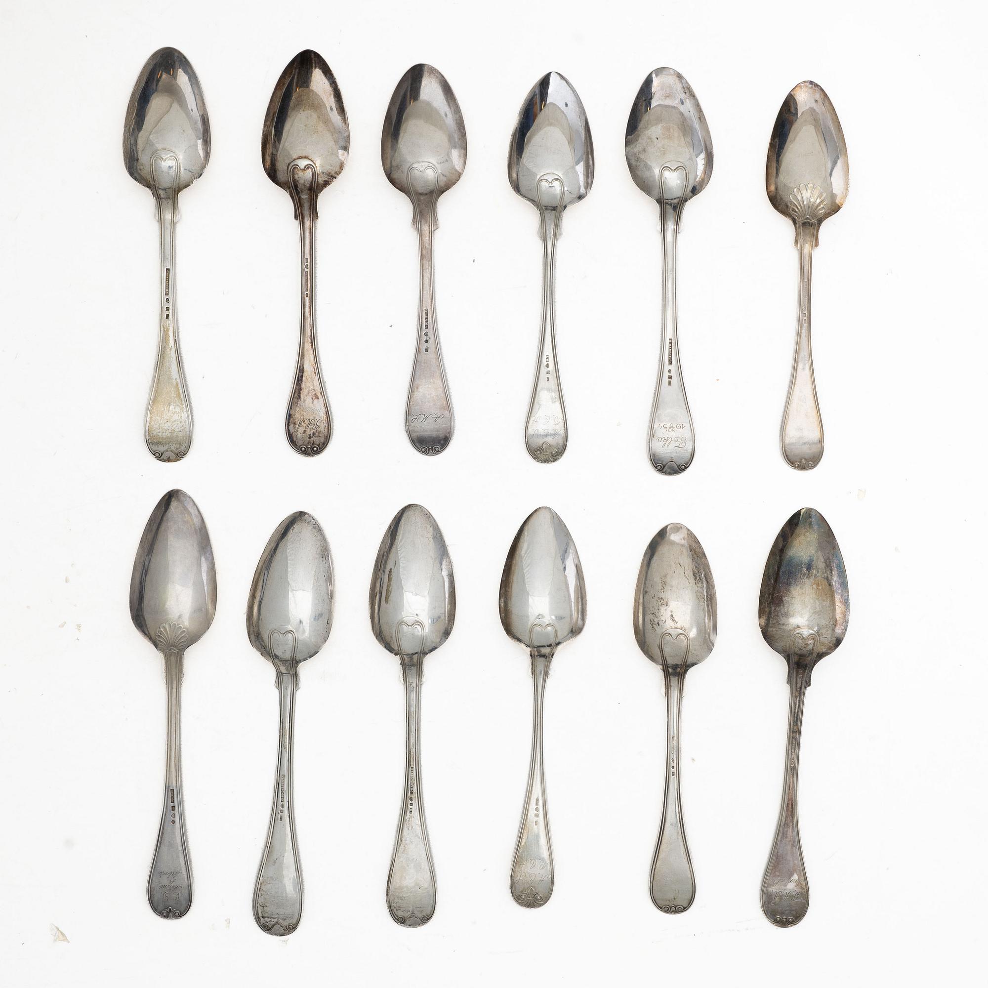 Tablespoons, 12 similar, silver, “French Lily”/“Old French”, 19th century, including Bror Erik Skogsborg, Eskilstuna, 1859.
