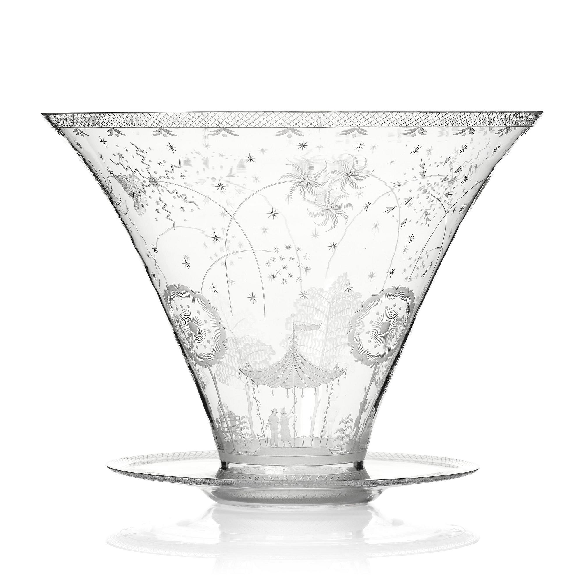 Edward Hald, a Swedish Grace "Fyrverkeri" (Fireworks) engraved glass bowl with a plate, Orrefors, Sweden, 1925, model 248.