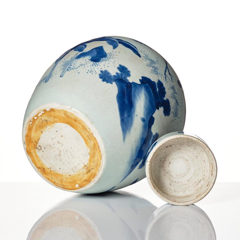 A blue and white Transitional jar with cover, 17th Century.