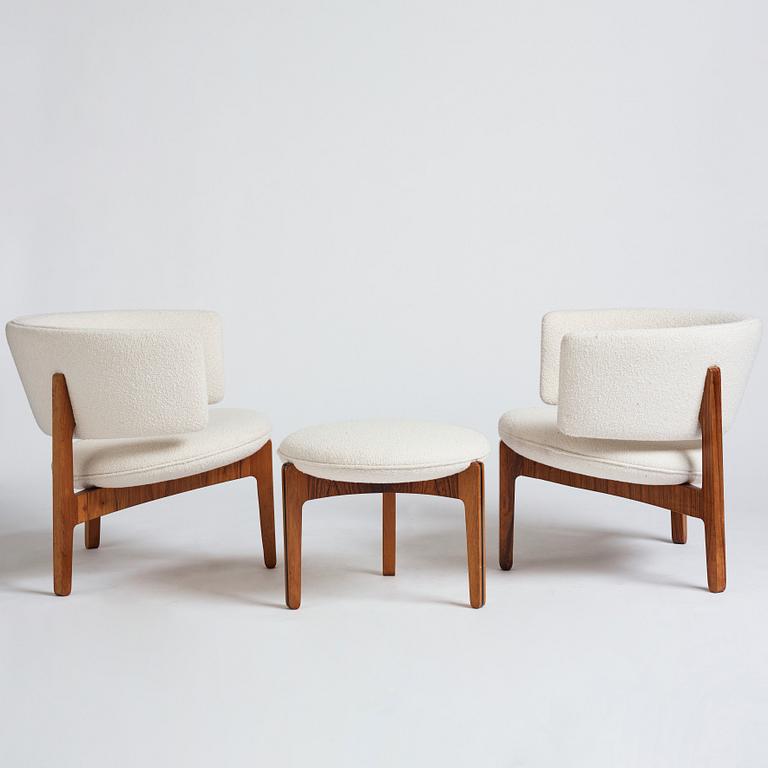 Sven Ellekær, a pair of easy chairs and one ottoman, Chr. Linneberg Møbelfabrik, Denmark, 1960s.