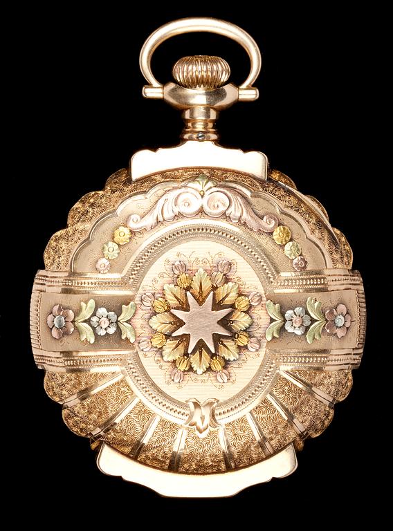 FICKUR, Illinois Watch Co, guld 'en trois couleurs, med ankarkedja, Amerika, 1800-talets slut.