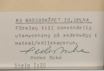 Peder Duke, "Förslag till konstnärlig utsmyckning på skärmvägg i matsal/sällskapsrum - Kv Kassaskåpet 10, Solna" 5 st.