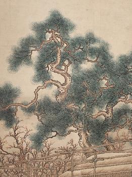 A large Chinese tapestry/painting by an unknown artist, colour and ink on paper, late Qingdynasty / early 20th Century.