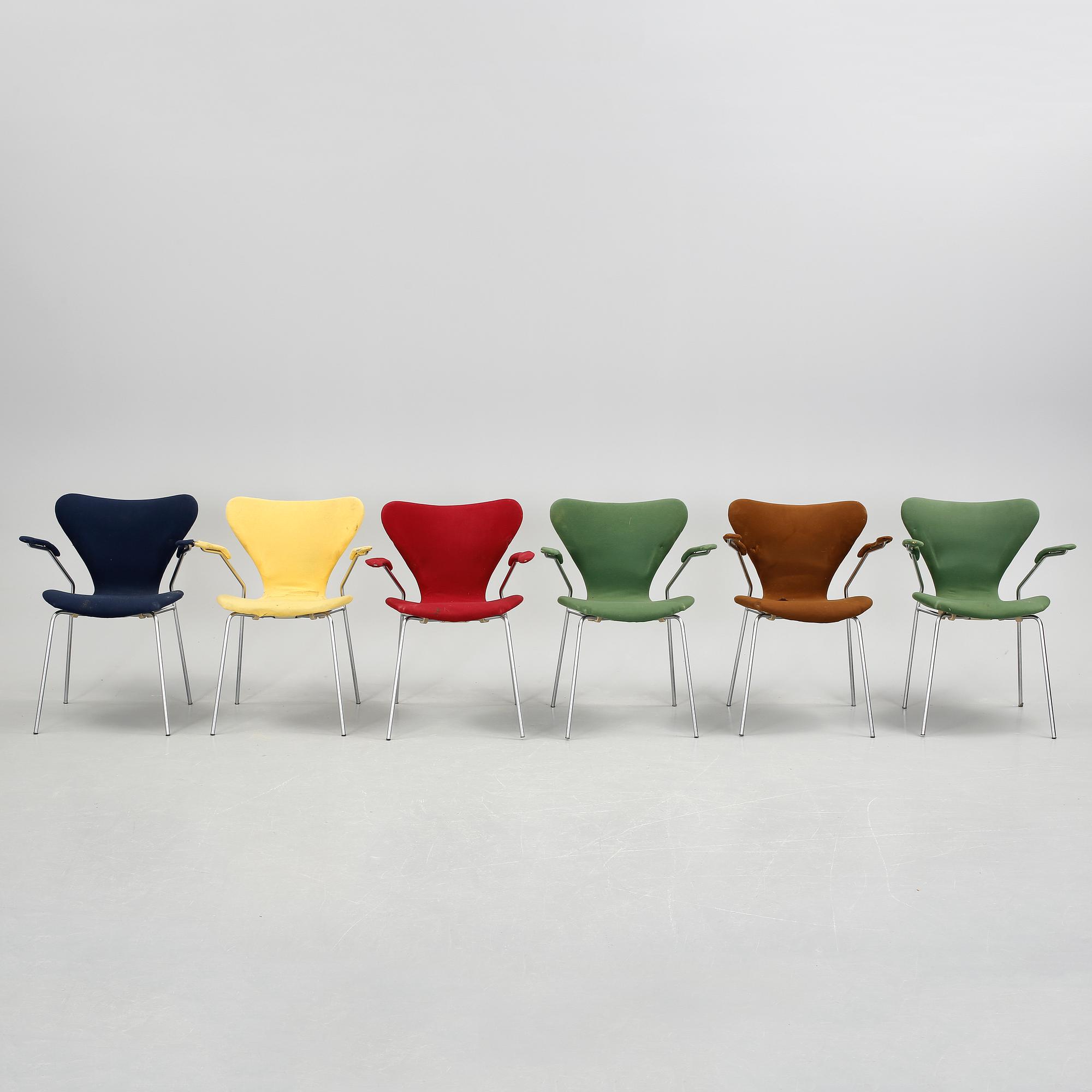 KARMSTOLAR, 6 st, "Sjuan", Arne Jacobsen, Fritz Hansen, 1900-talets andra hälft.
