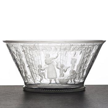 Edward Hald, skål, graverad "Vinskörd", Orrefors 1927, gravör Karl Rössler.