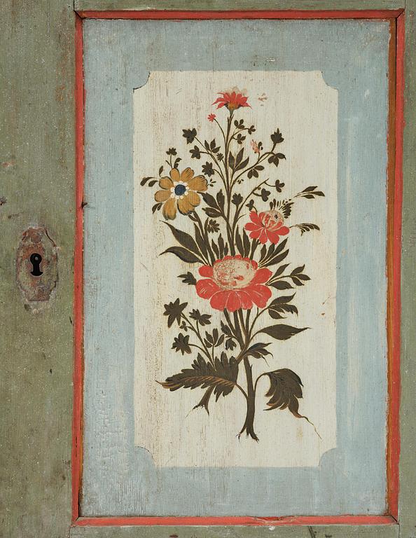 Hängskåp, allmoge, målat av Jöns Månsson, Forsa, Hälsingland, daterat 1793.