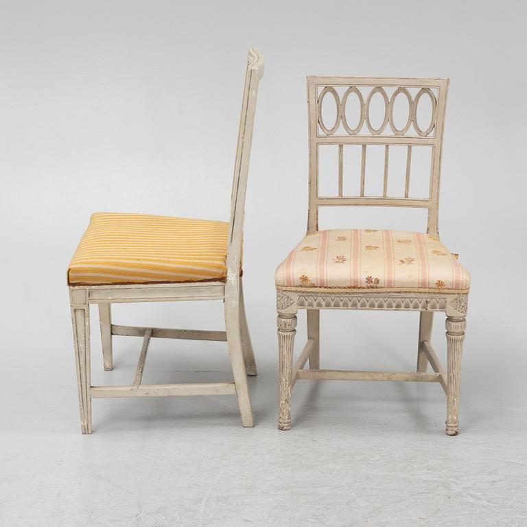 Six Gustavian chairs, different models, from Lindome, Sweden, around 1800.