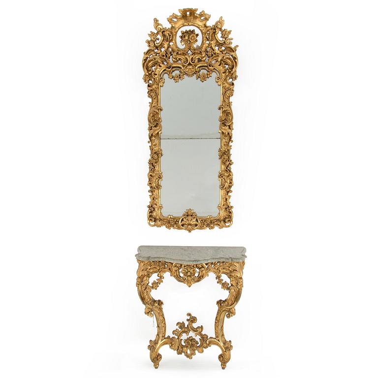 A late 19th century rococo style mirror abd console table.