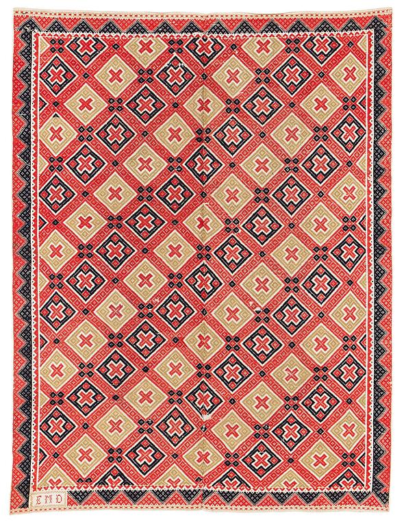 A bed cover, flat weave, c. 167 x 125 cm, Western Scania, signed EMD, early 19th century.