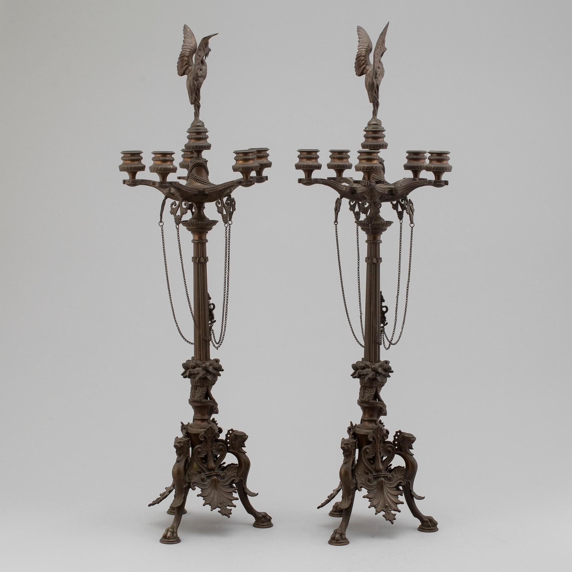 FERDINAND BARBEDIENNE, attributed to, a pair of 19th century bronze candelabra.