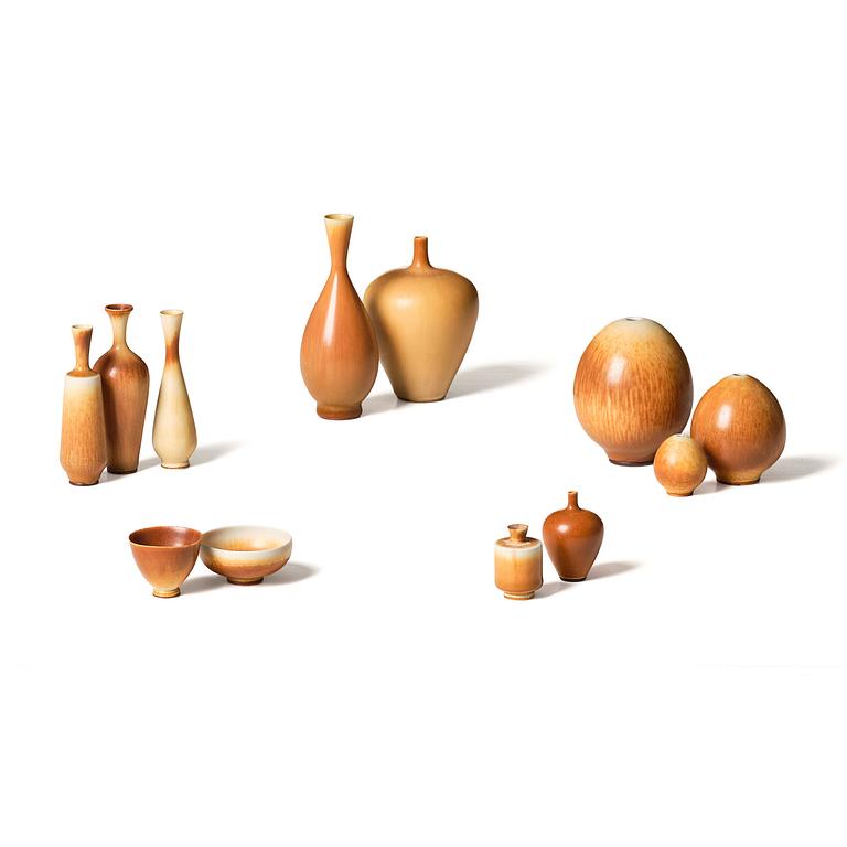 Berndt Friberg, a set of 10 stoneware vases and 2 bowls, Gustavsberg Studio, Sweden, 1960s.