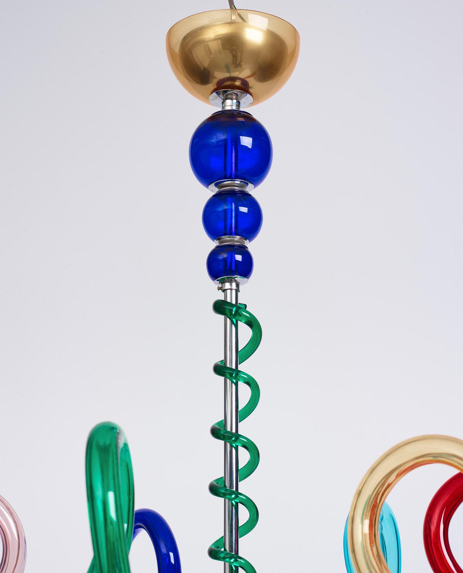 A multi coloured six light chandelier, Murano, Italy, around the year 2000.