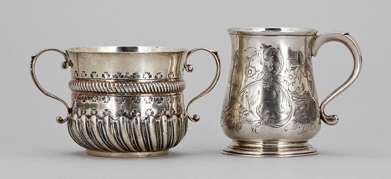 BÄGARE SAMT KOPP, silver, bl.a. London, England, 1800-1900-tal. Tot ca 402g.