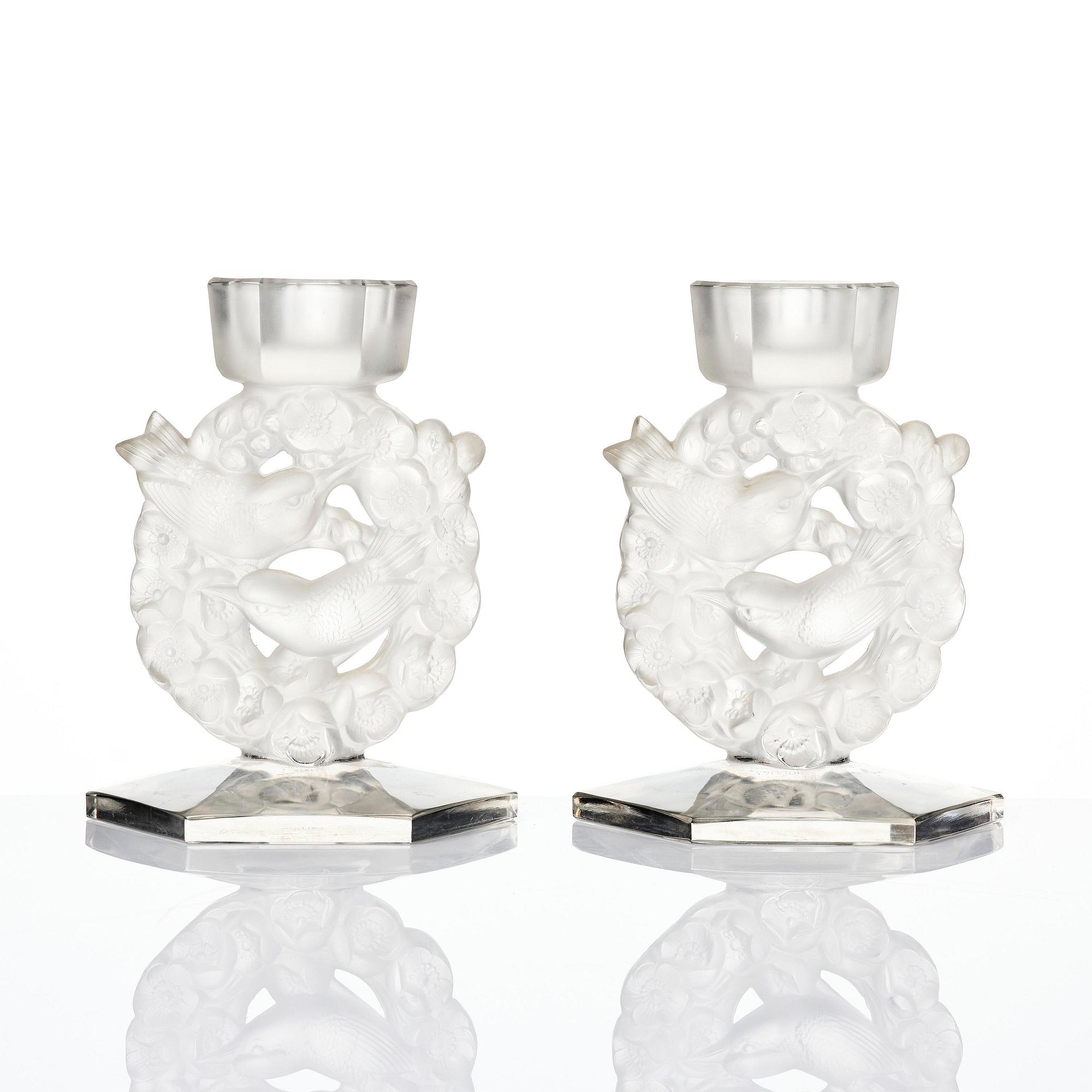 René Lalique, a pair of “Mésanges” cast glass candlesticks, France, post-1943.