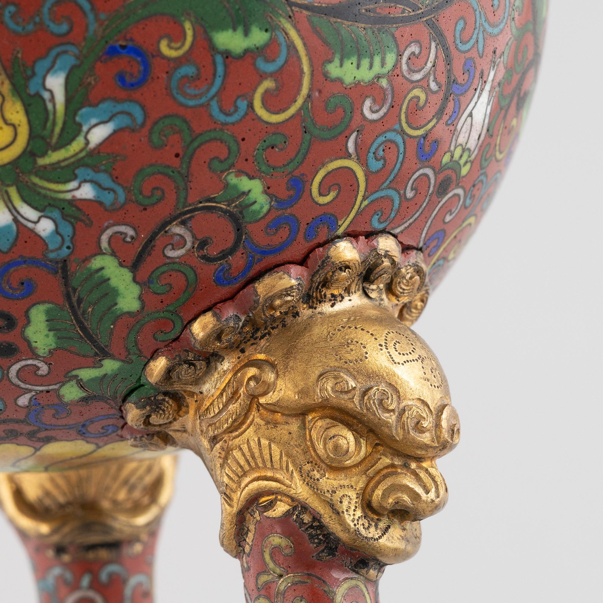 A Chinese cloisonné tripod censer, late Qing dynasty.