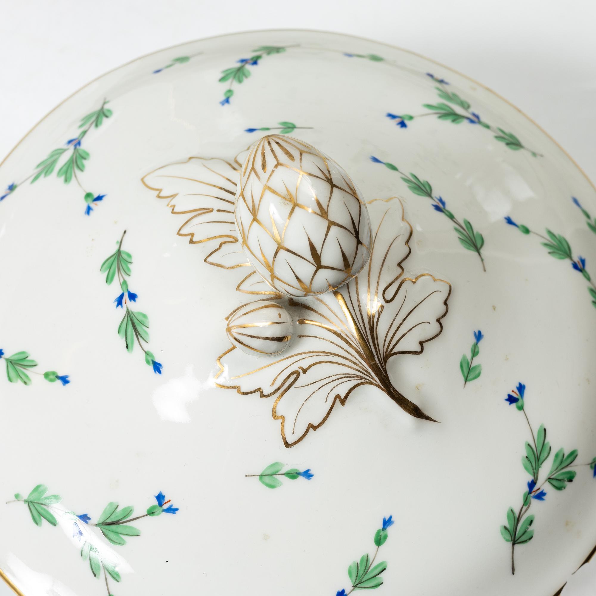 Five pieces of an Angoulême sprig pattern porcelain service, Pillivuyt & Cie, France, around 1900.