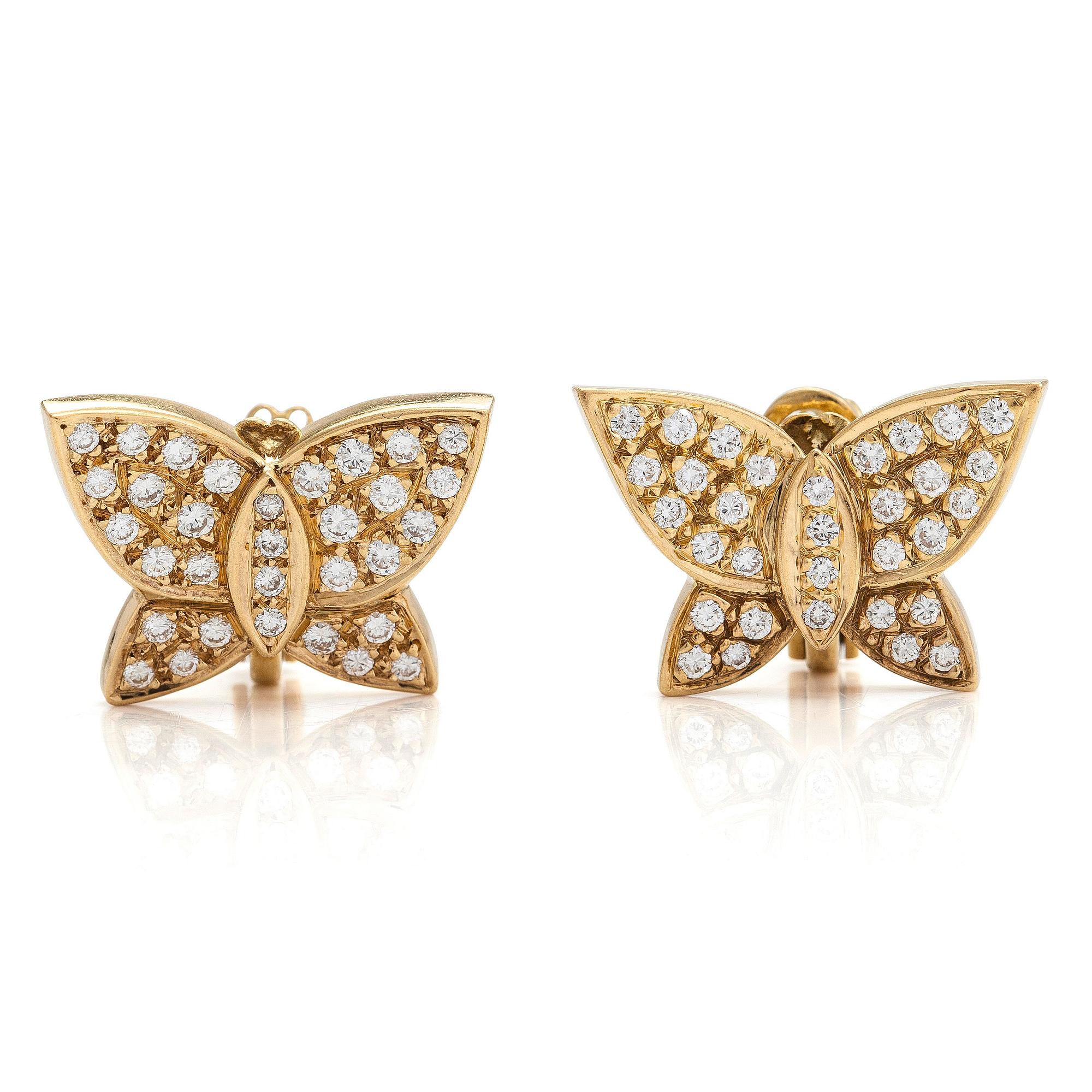 A pair of 18K gold butterfly earrings, set with brilliant-cut diamonds approximately 1.92 ct in total.