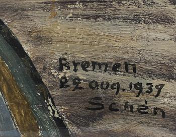 OKÄND KONSTNÄR, olja på papp, sign Schèn, dat -39 2 Aug Bremen.