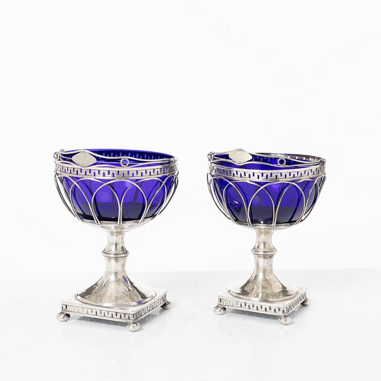 Fredrik Nymansson, a pair of confectionery bowls in silver and blue glass, Kristinehamn, Sweden, 1817.