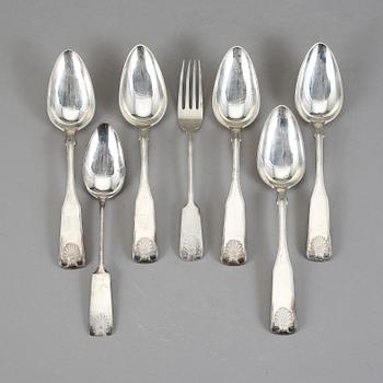 BESTICK, 5+1+1 st, silver. Snäckmodell, Finland, 1800-tal. Total vikt 382 g.