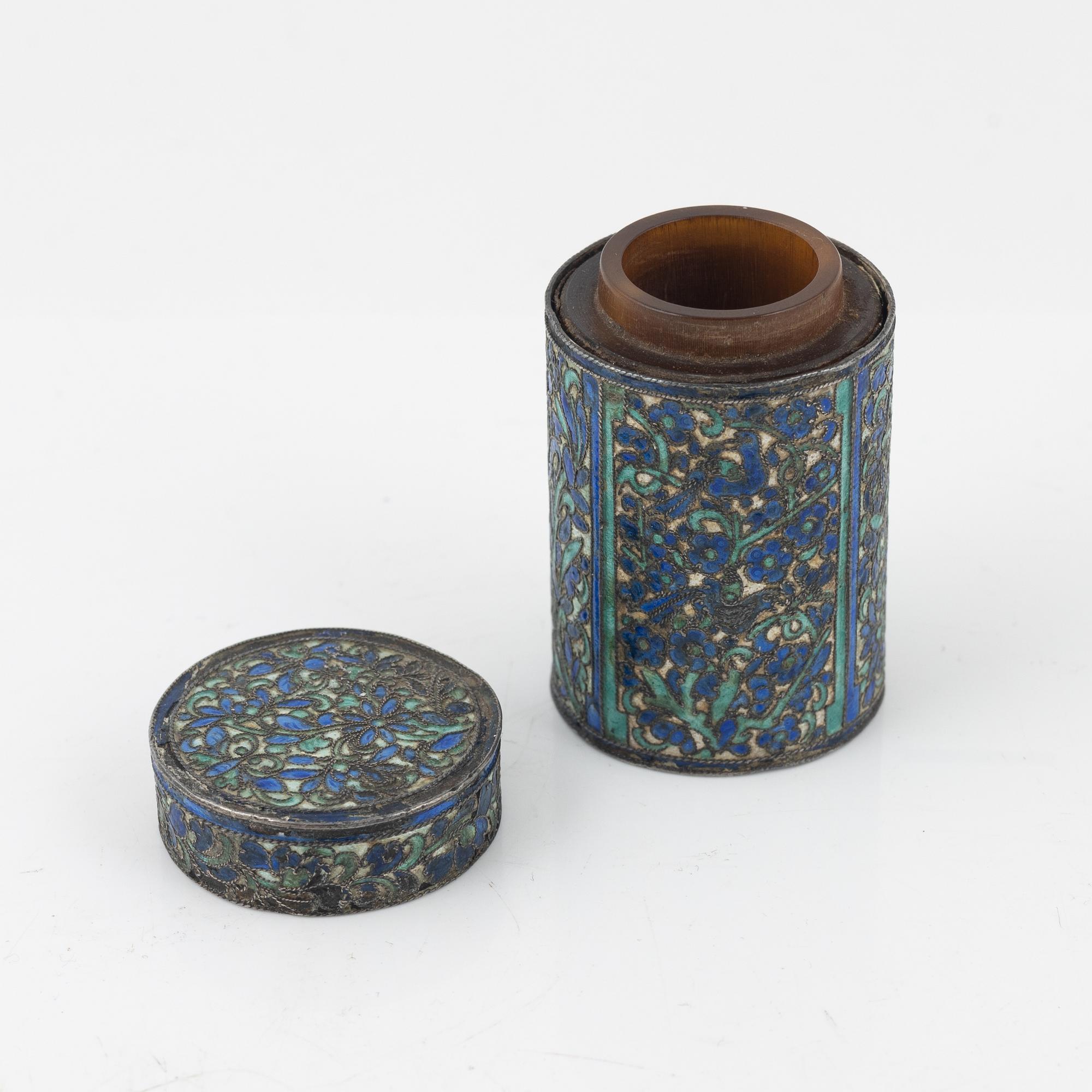 A set of four stone scholars objects and a enameled silver box with cover, Qing dynasty, circa 1900.