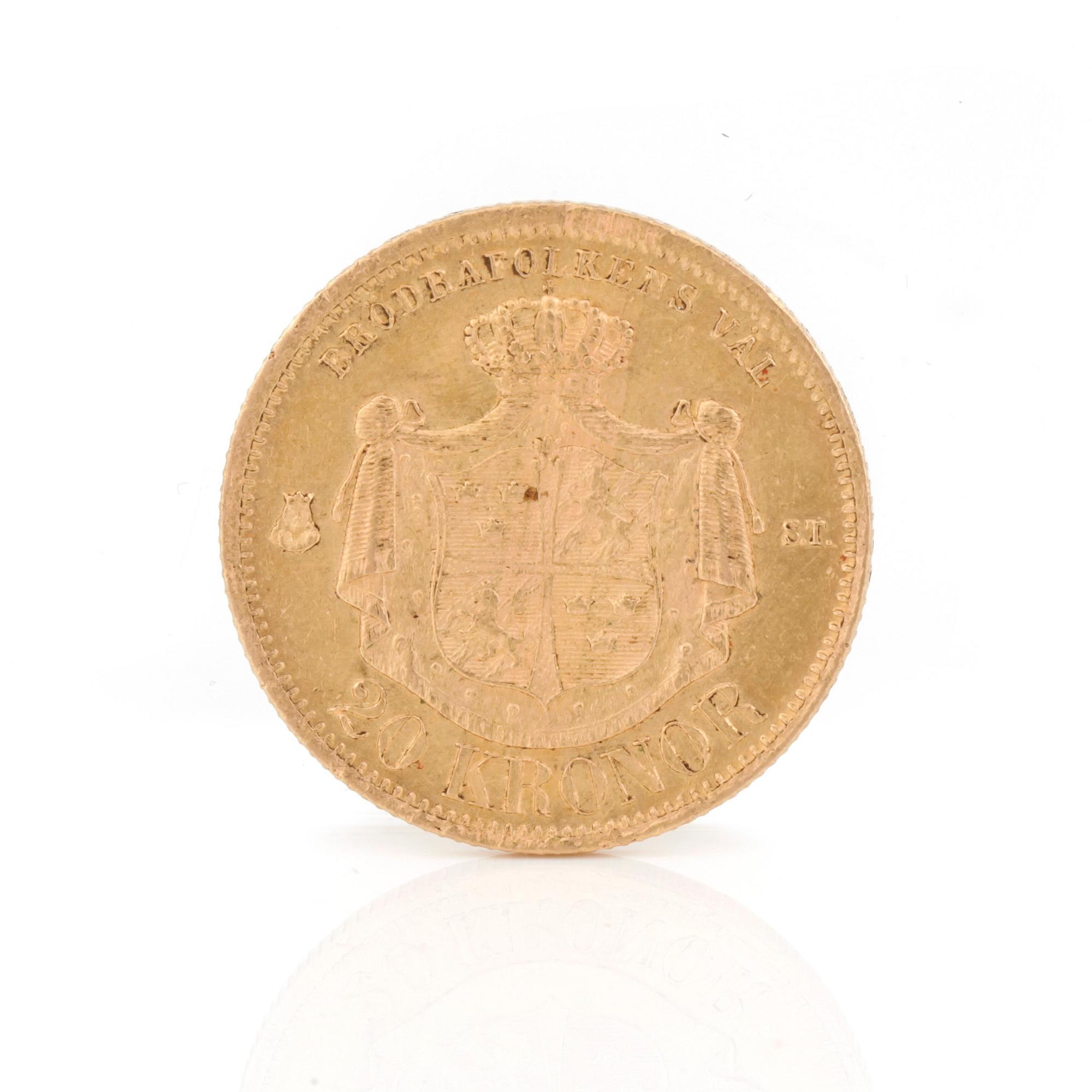 GULDMYNT, 20 kronor, Oscar II av Sverige och Norge, 1875. Vikt 9 gram.