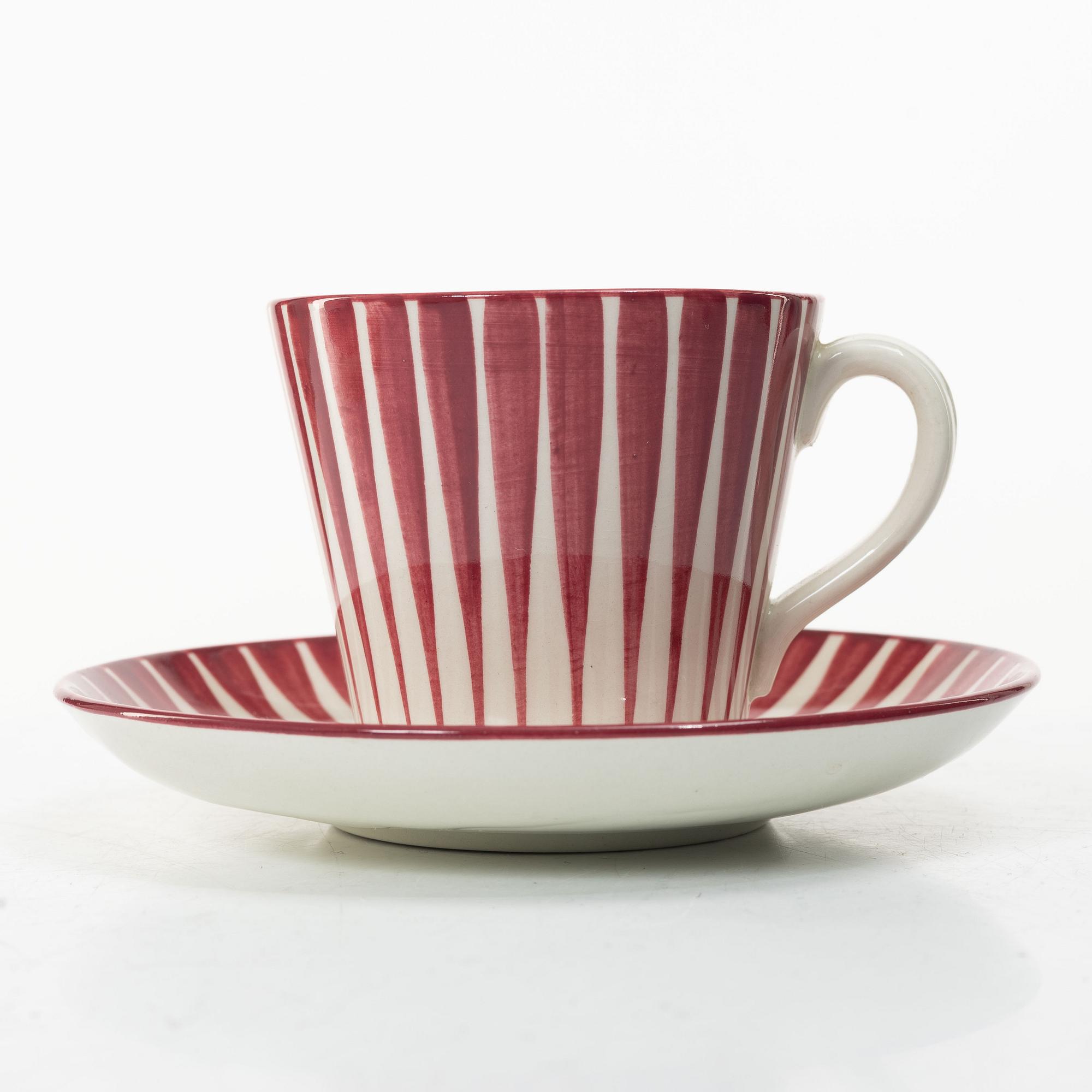 Eugen Trost, Three 'Red Zebra' cream-ware coffee cups on saucers, Uppsala-Ekeby Gefle.