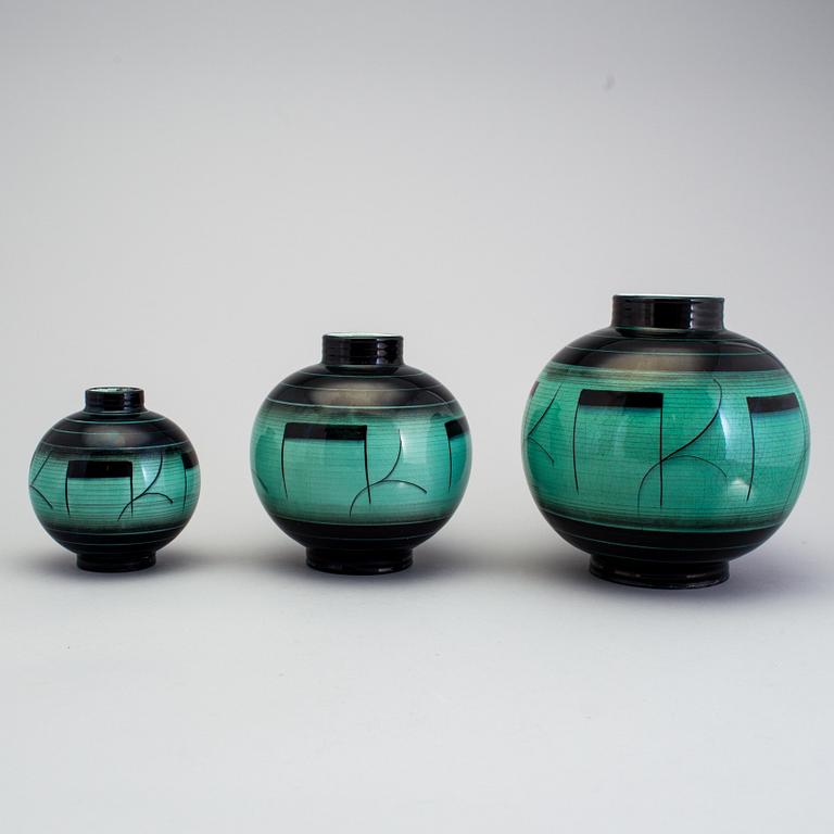 3 vases of the "V series" by Ilse Claesson for Rörstrand 1930´s.