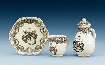 1408. A grisailles 'European Subject' set of cup, a dish and a small pot with cover, Qing dynasty, Qianlong (1736-95). (3).