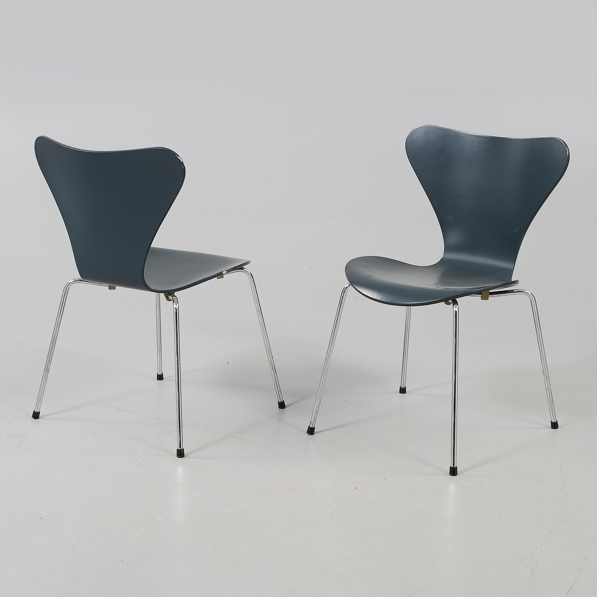 STOLAR, 6 st, "Sjuan", Arne Jacobsen, Fritz Hansen, Danmark, 1900-talets andra hälft.