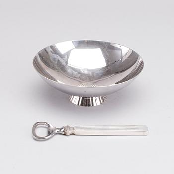 A Danish 20th century set of sterling silver bowl and opener, mark of S Bernadotte and G Jensen, weight ca 315 gr.