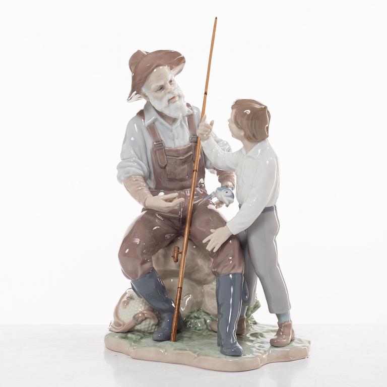 Lladro, two figurines, Salvador Furió, "A fishing lesson", and José Puché, "Fishing with gramps", Spain.