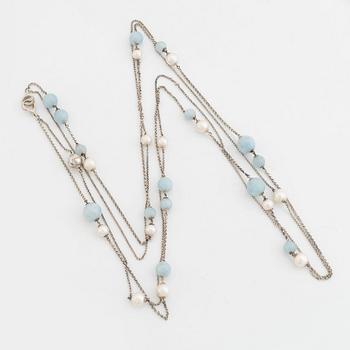 Georg Jensen, cultured pearl and aquamarine silver necklace.